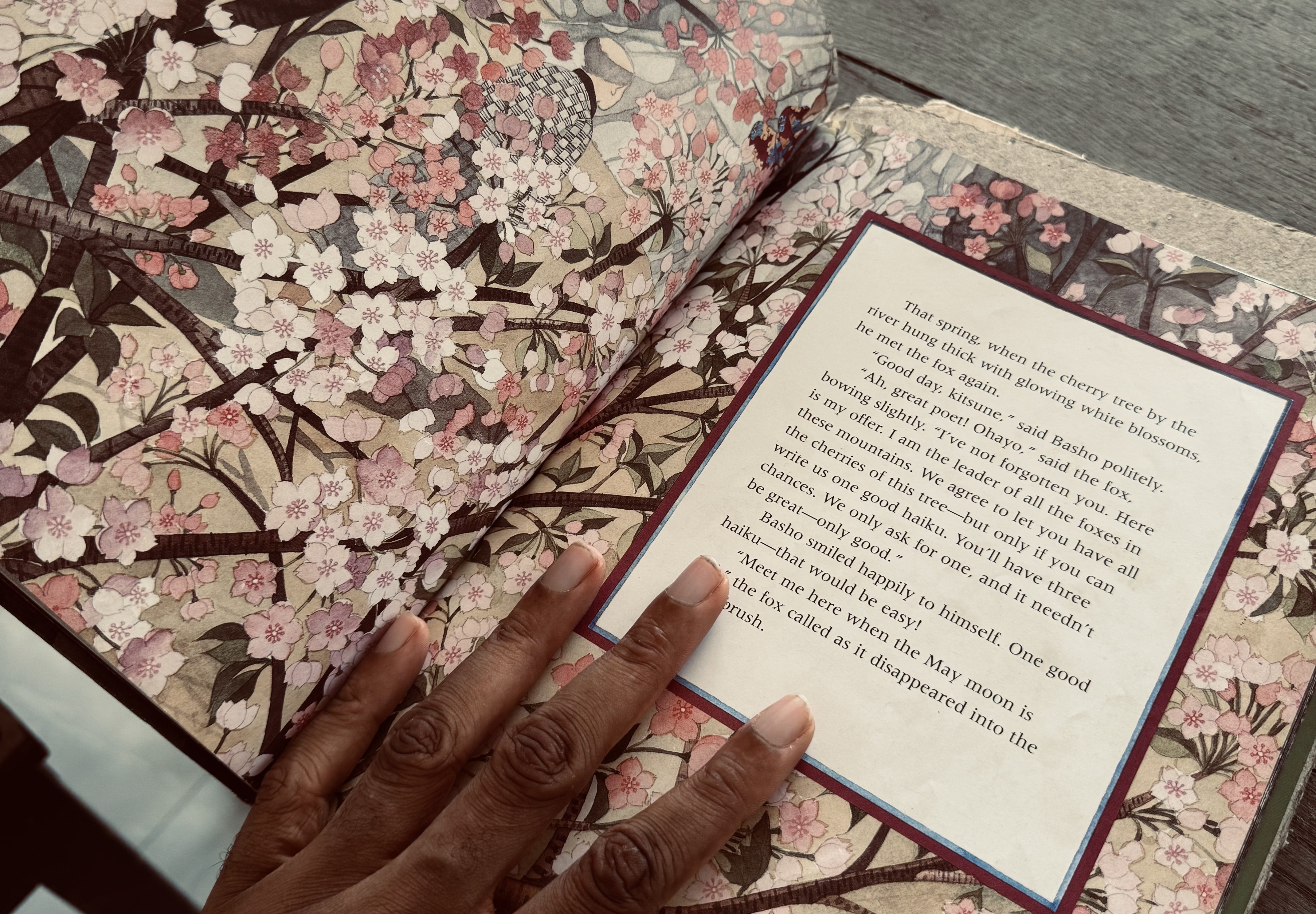 A hand resting on an open page from Basho and the Fox, a children's book written by Tim J. Myers and illustrated by Oki S. Han, published in 2000. Cherry blossoms frame the page.