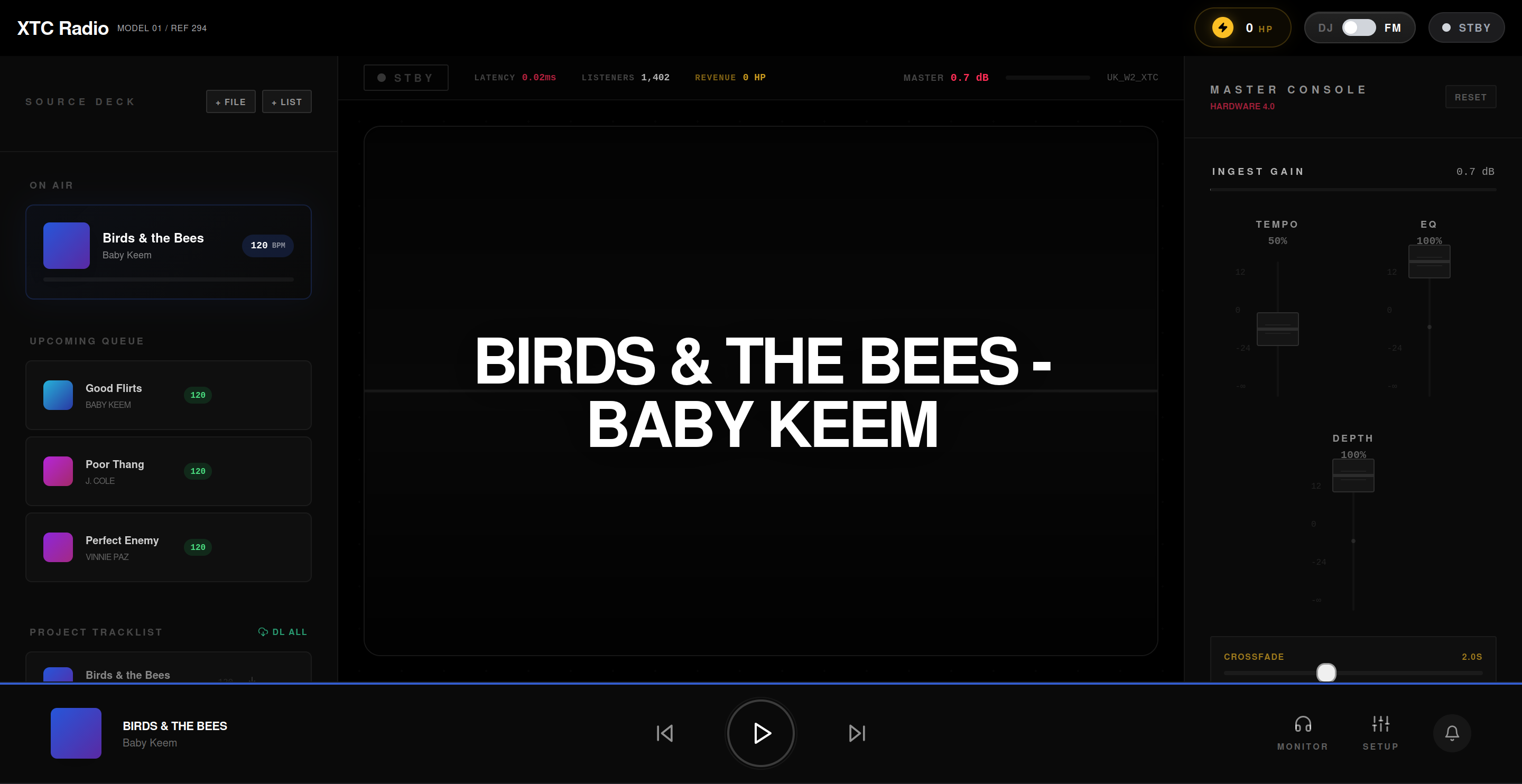 StreamFM Interface showing glassmorphic music player